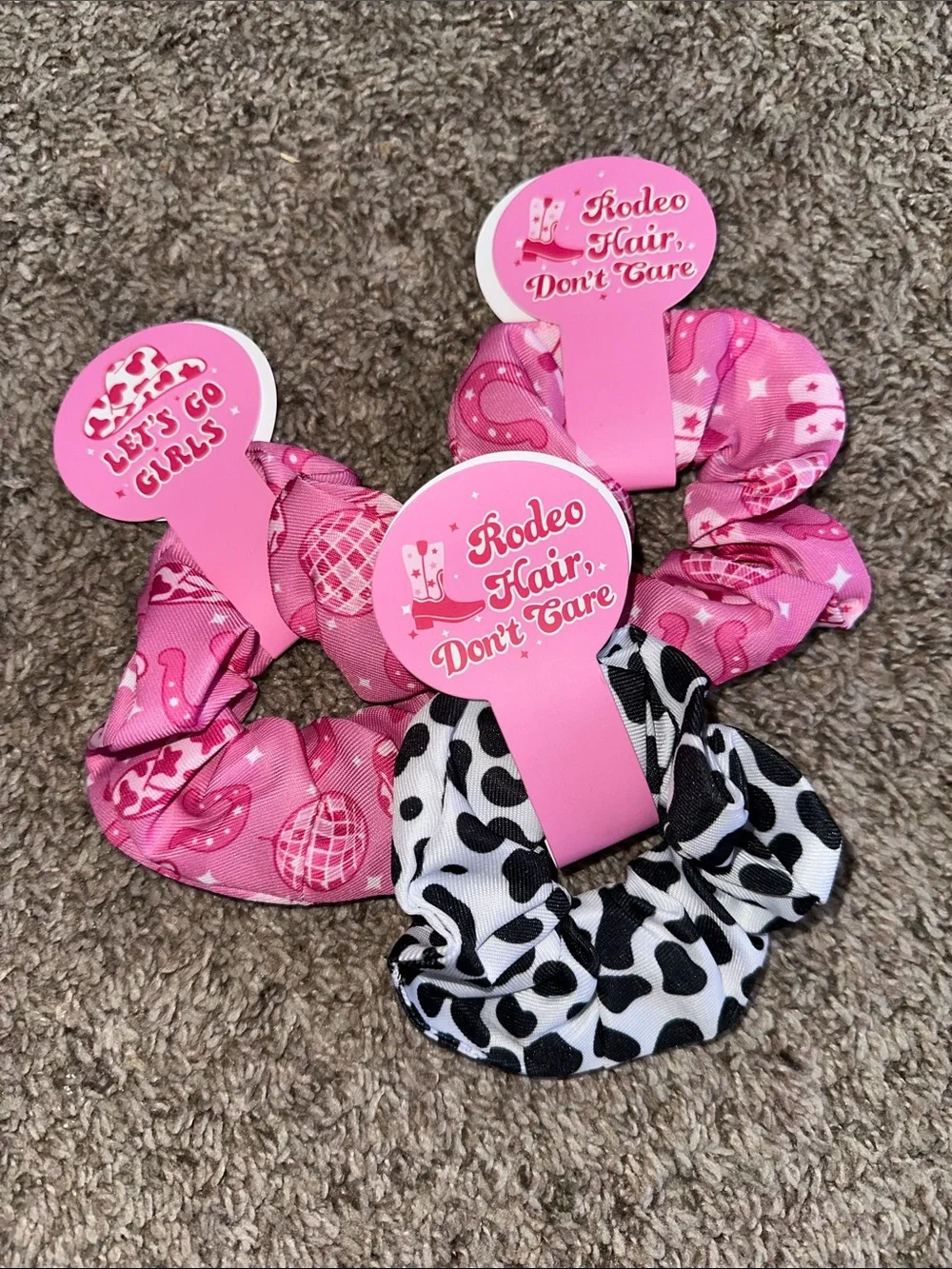 Rodeo Hair Don’t Care Girls' Pink & Black Cow Print Scrunchie Set